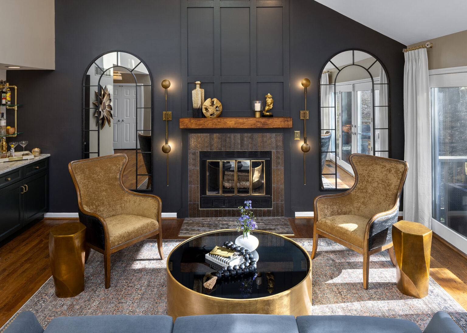 Elegant winter fireplace with gold accents
